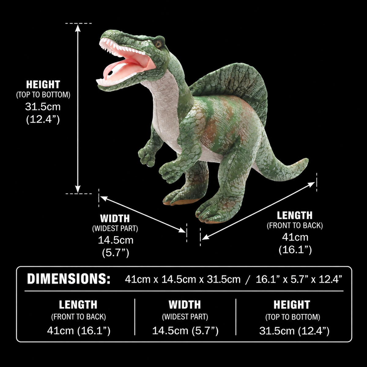 Peluche morbido di dinosauro Spinosaurus verde 