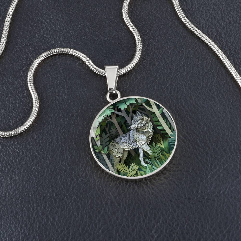 The Woodland Wolf Circle Pendant Necklace
