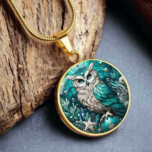 The Aqua Owl Circle Pendant Necklace