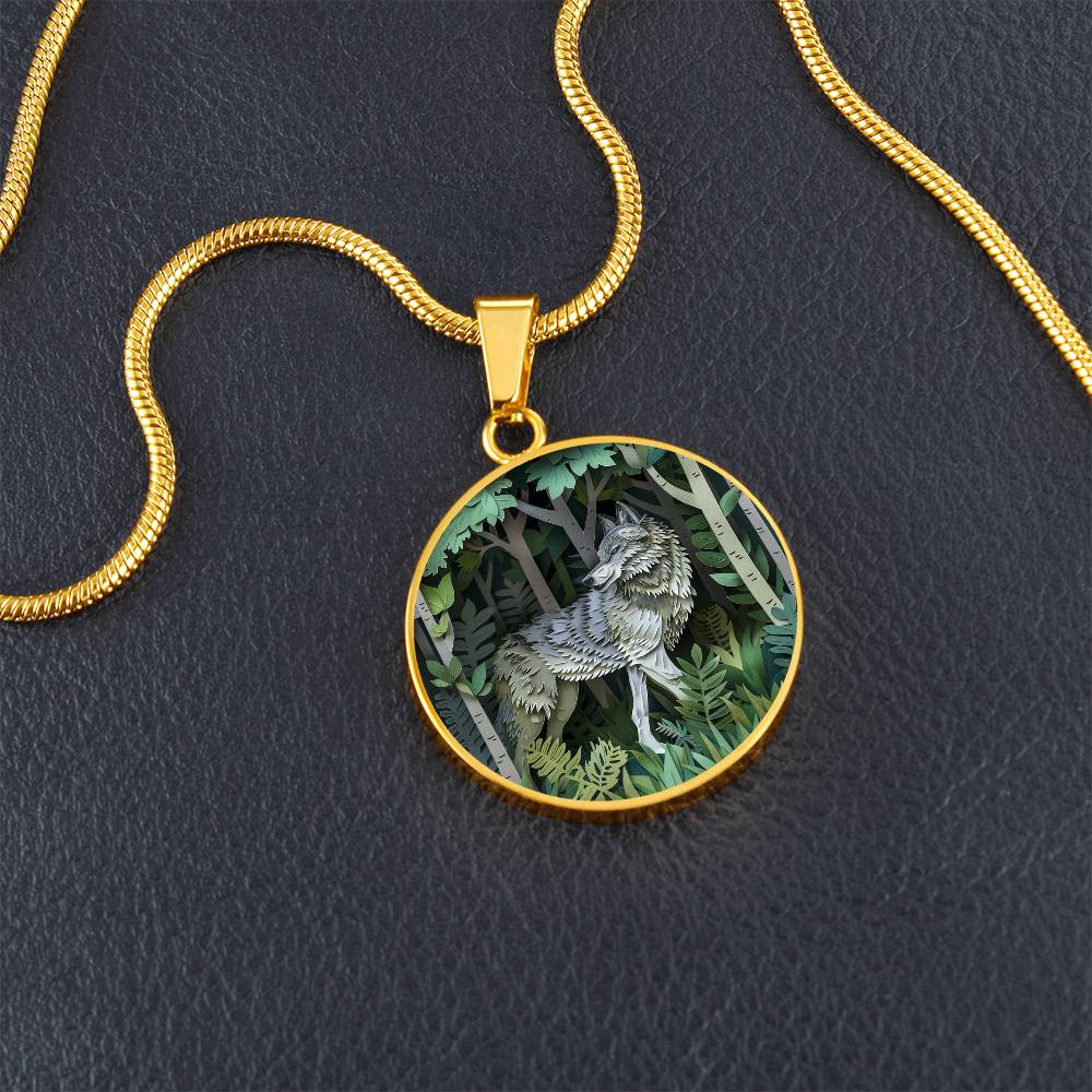 The Woodland Wolf Circle Pendant Necklace