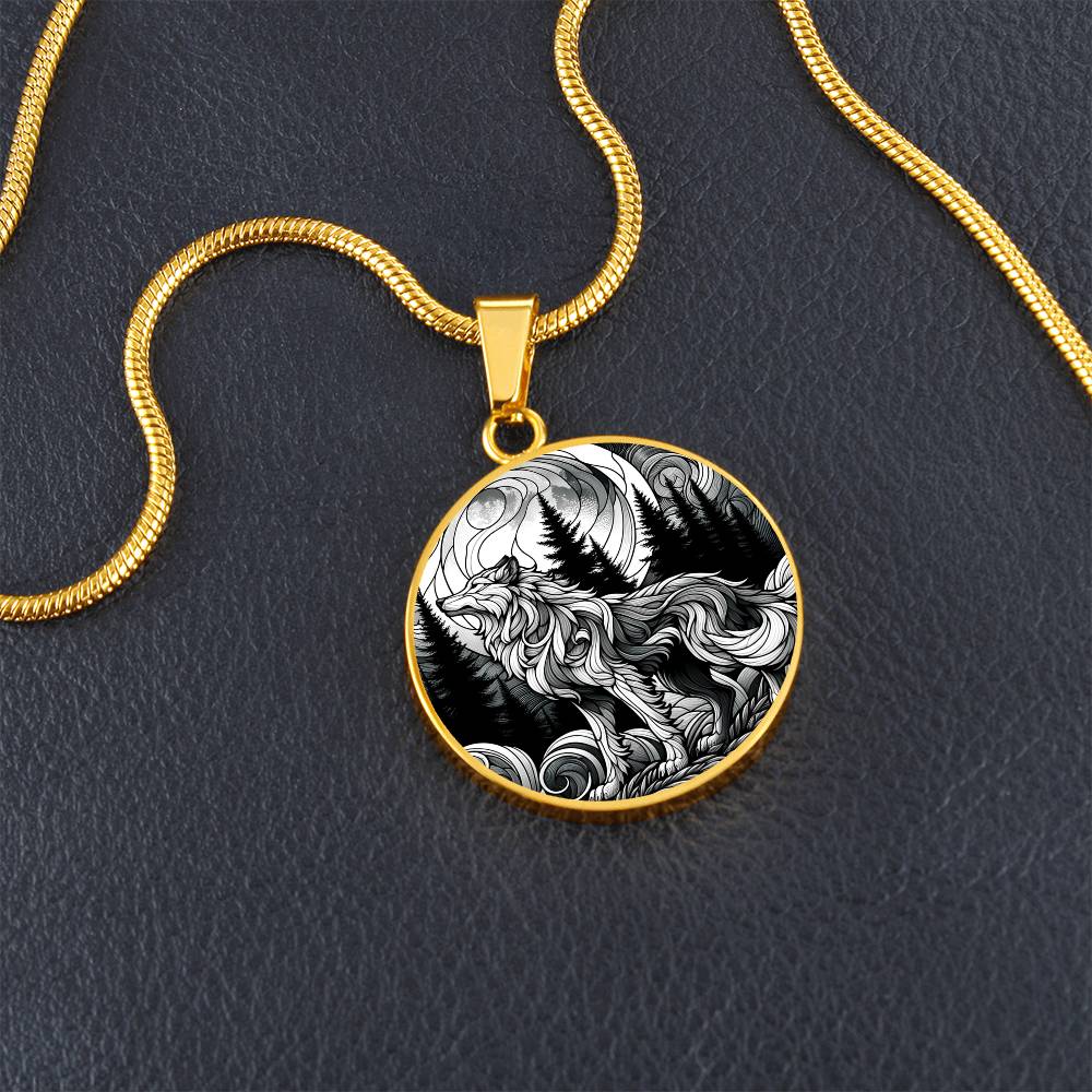 The Moonlit Wolf Circle Pendant Necklace