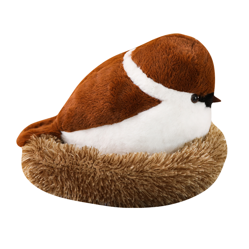 Roztomilý vrabčák s hnízdem měkkou vycpanou plyšovou hračkou