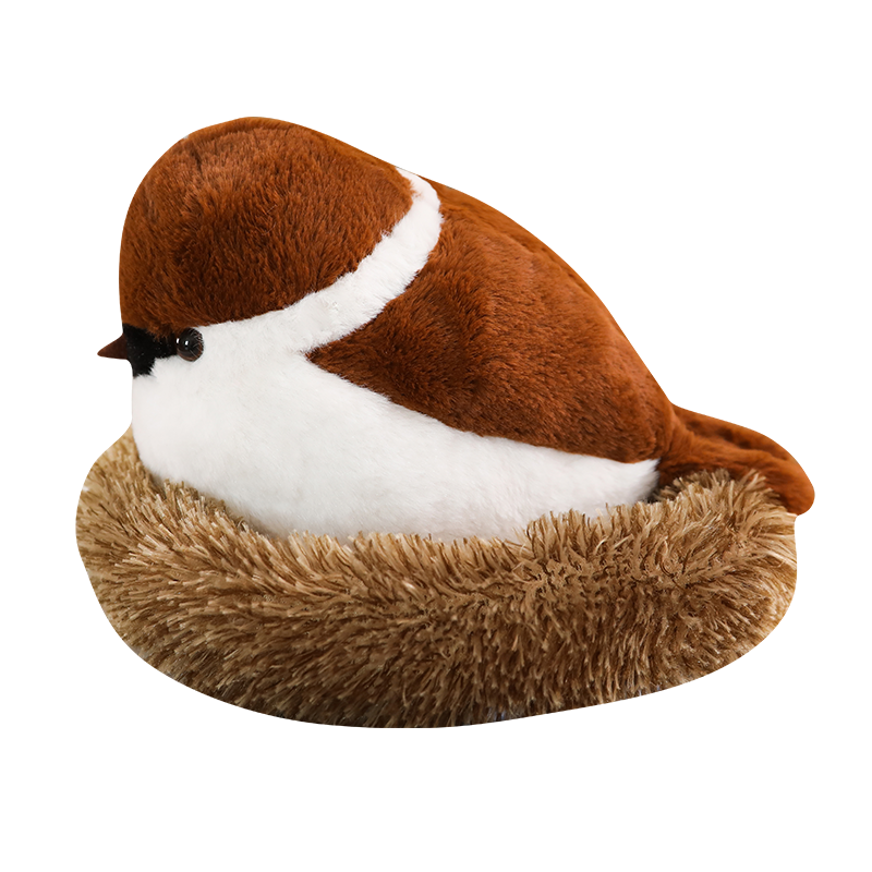 Roztomilý vrabčák s hnízdem měkkou vycpanou plyšovou hračkou