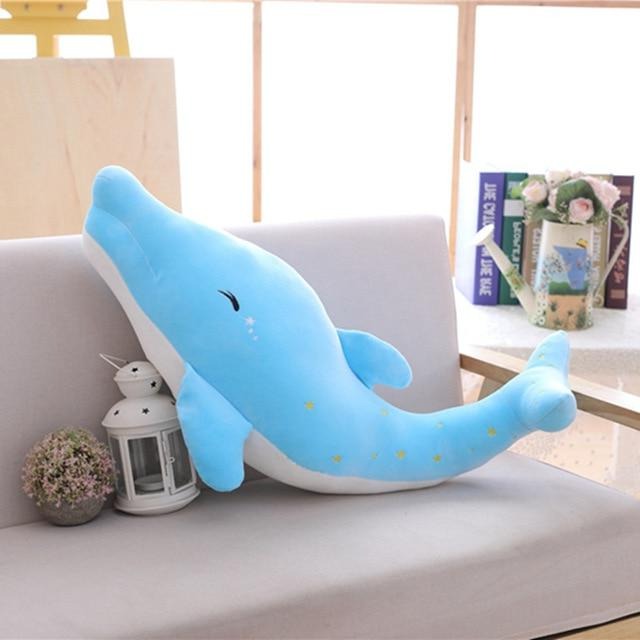 Brinquedo de pelúcia macio de pelúcia grande golfinho-baleia estrelado