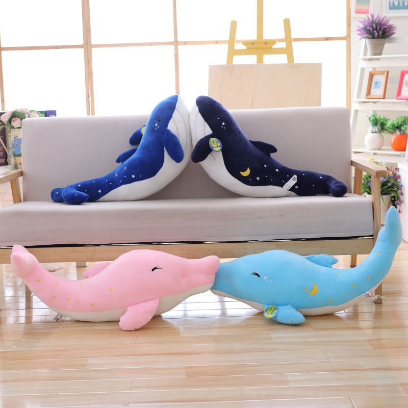 Brinquedo de pelúcia macio de pelúcia grande golfinho-baleia estrelado