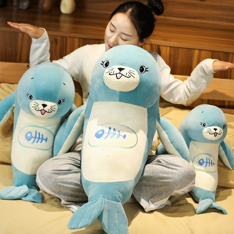 蓝色海狮毛绒抱枕玩具